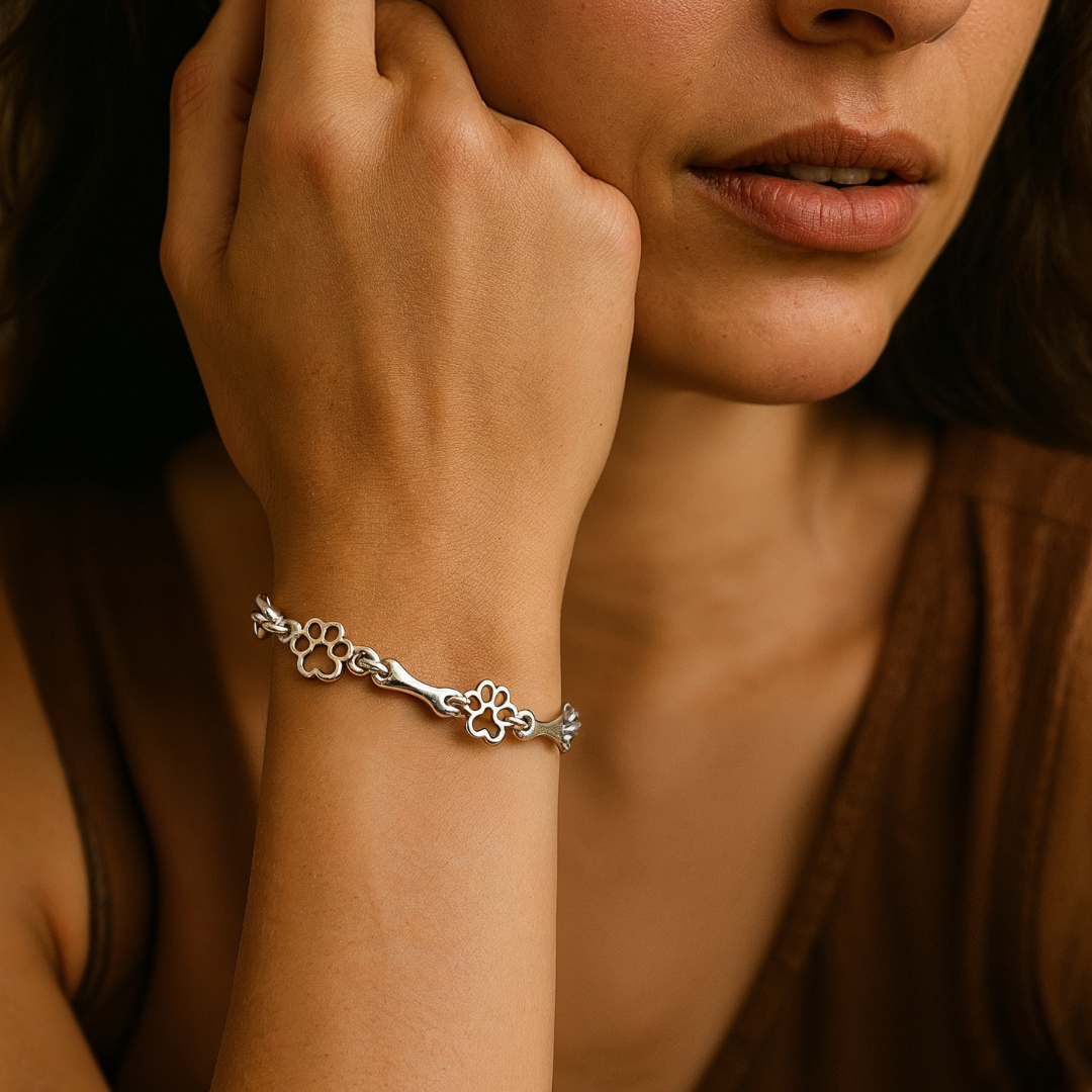 Bracelet with Dog Paw and Bone Charms in Silver