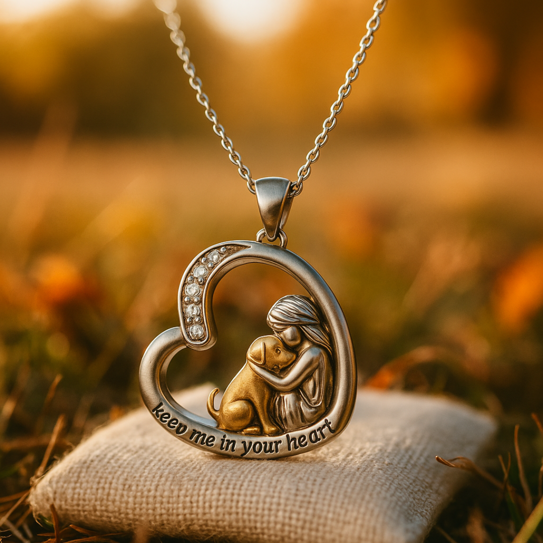 Silver Heart Necklace with Dog and Zirconia Stones - Laura Jewelry