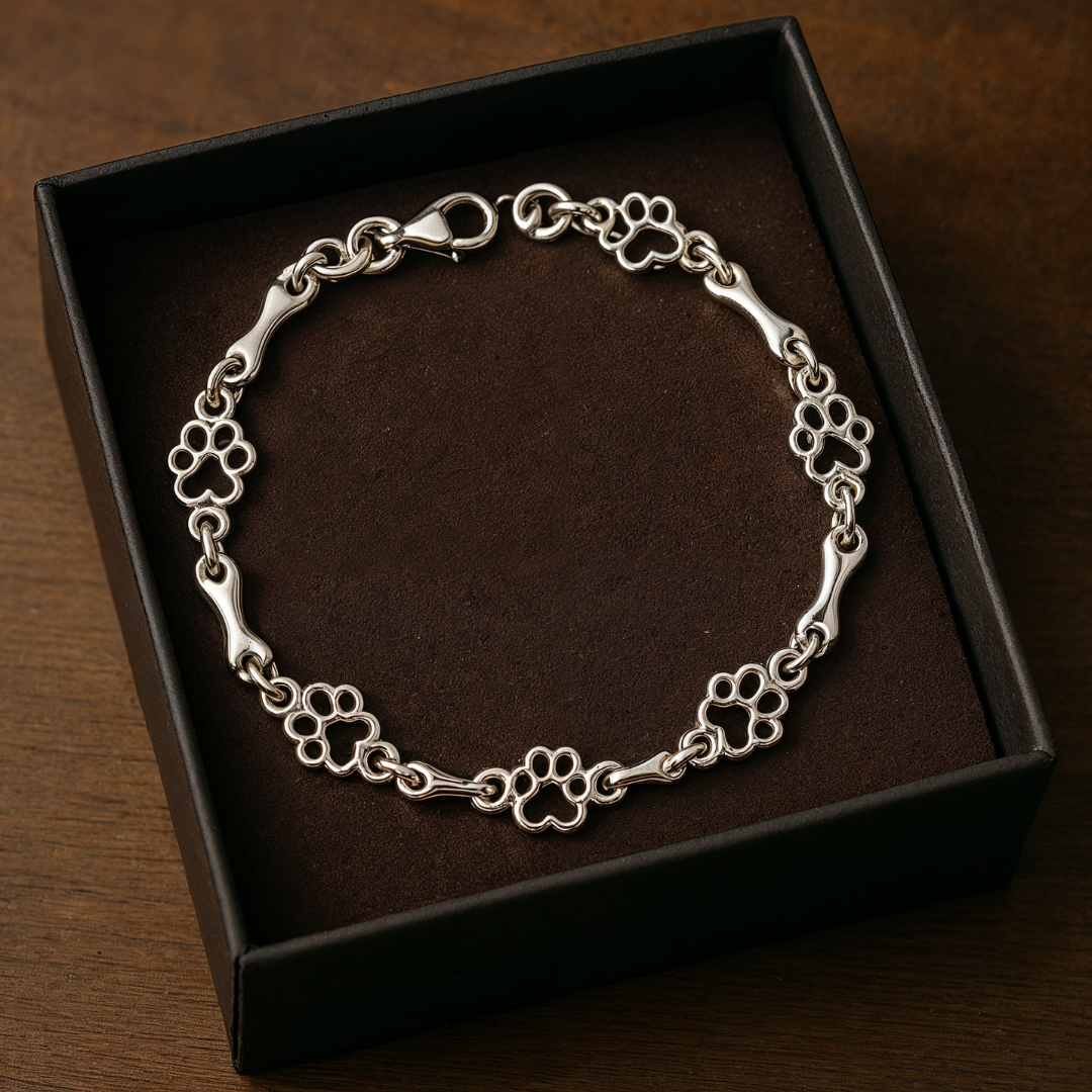 Bracelet with Dog Paw and Bone Charms in Silver