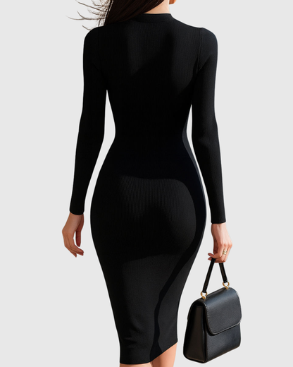 Ewine | Zip-Front Ribbed Knit Midi Dress