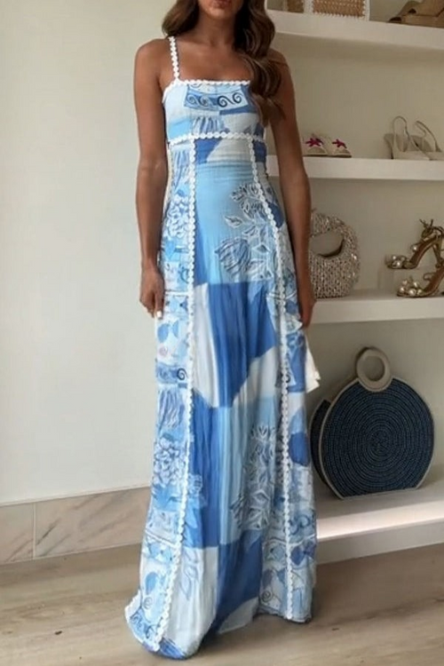 Terazza Ric Rac Linen Trims Unique Print Back Tie-up Slip Flared Linen Maxi Dress