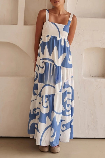 Bohemian Style Geometric Print Back Smocked Loose Maxi Dress