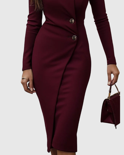 Lune | Burgundy Wrap-Style Buttoned Midi Dress