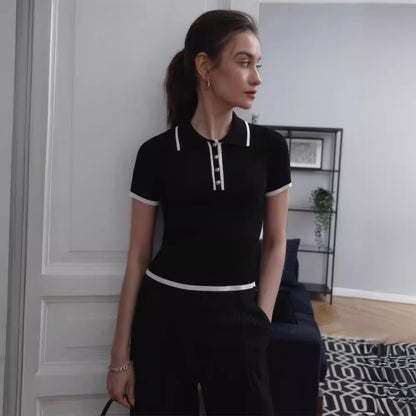 Button-Trim Knit Blouse