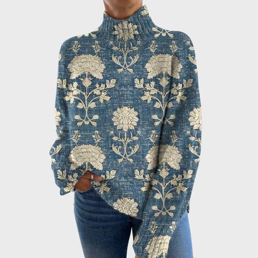 Magda | Women's Vintage Cute Floral Pattern Crocheted Turtleneck