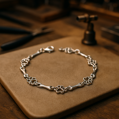 Bracelet with Dog Paw and Bone Charms in Silver