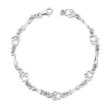Bracelet with Dog Paw and Bone Charms in Silver