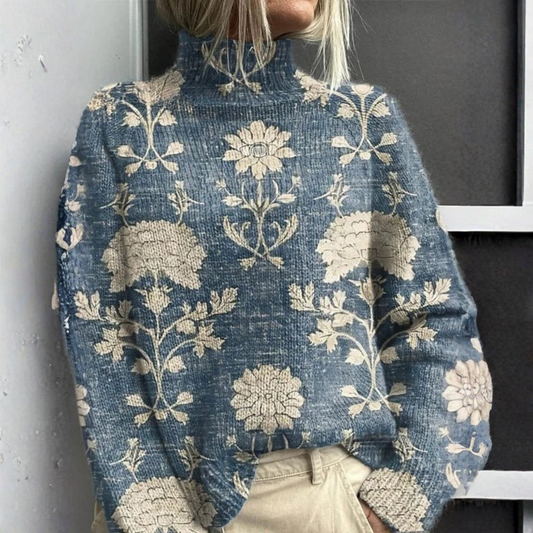 Olive | Vintage floral pattern turtleneck sweater