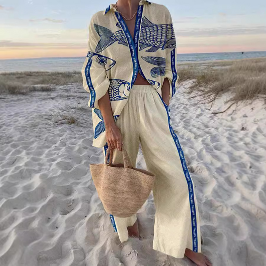 Yazette™ | Blue Fish Print Beach Set