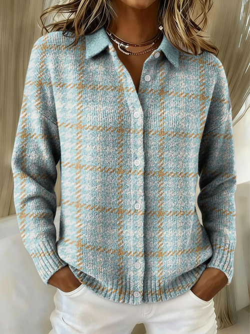 Clara | Sky Plaid Button Knit