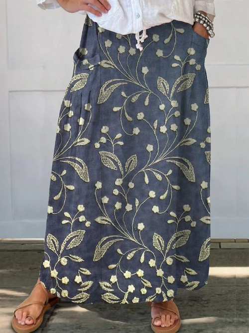 Women's Retro Floral Art Linen Elastic waistband Pocket Skirt