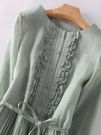 Krya - Retro Style Dress with Round Neck and Waist Ties