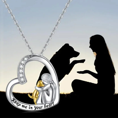 Silver Heart Necklace with Dog and Zirconia Stones - Laura Jewelry