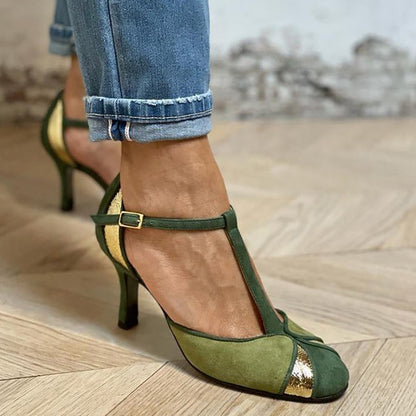 Taviana | Patchwork Heels with T-Strap and Closed Toe