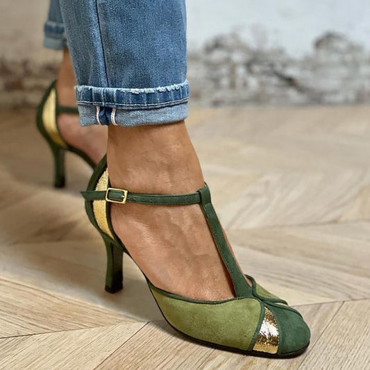 Taviana | Patchwork Heels with T-Strap and Closed Toe