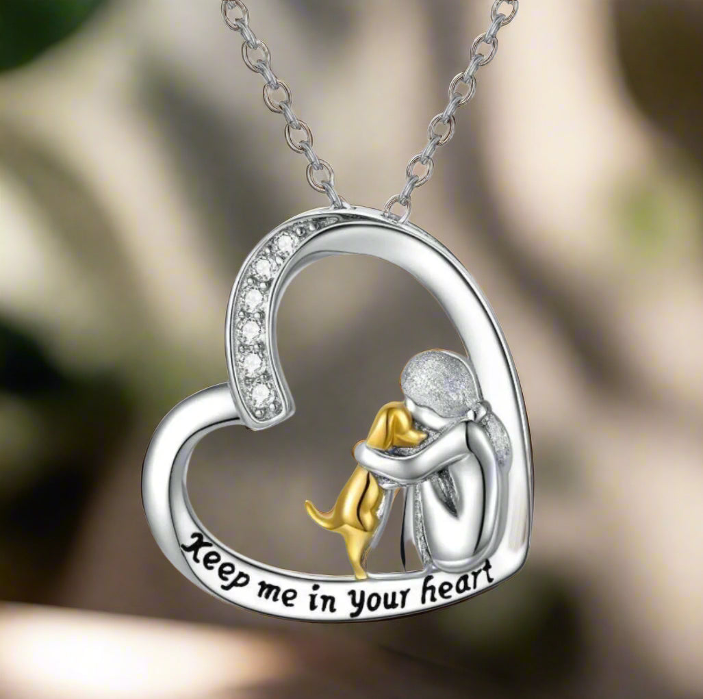 Silver Heart Necklace with Dog and Zirconia Stones - Laura Jewelry