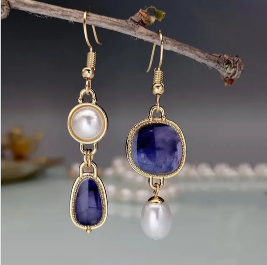 Vintage Blue Stone and Pearl Earrings