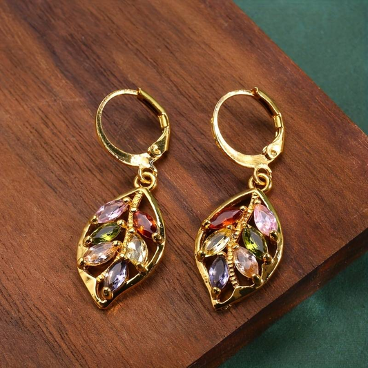Vintage Gold Leaf Earrings with Colored Zirconia