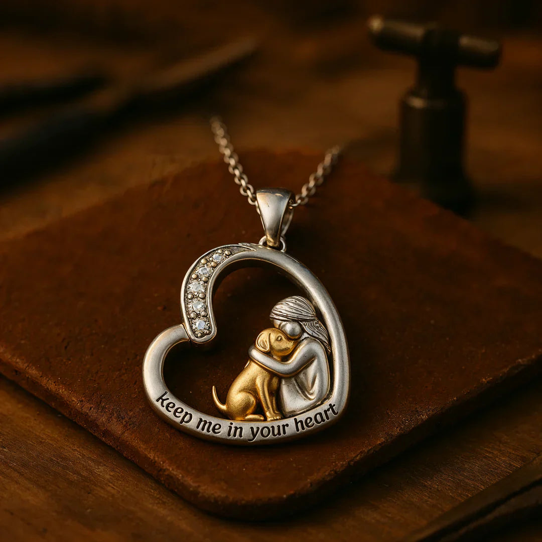 Silver Heart Necklace with Dog and Zirconia Stones - Laura Jewelry